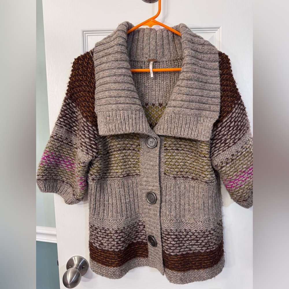 Free People | half sleeves multi-colored button up sweater, Size M